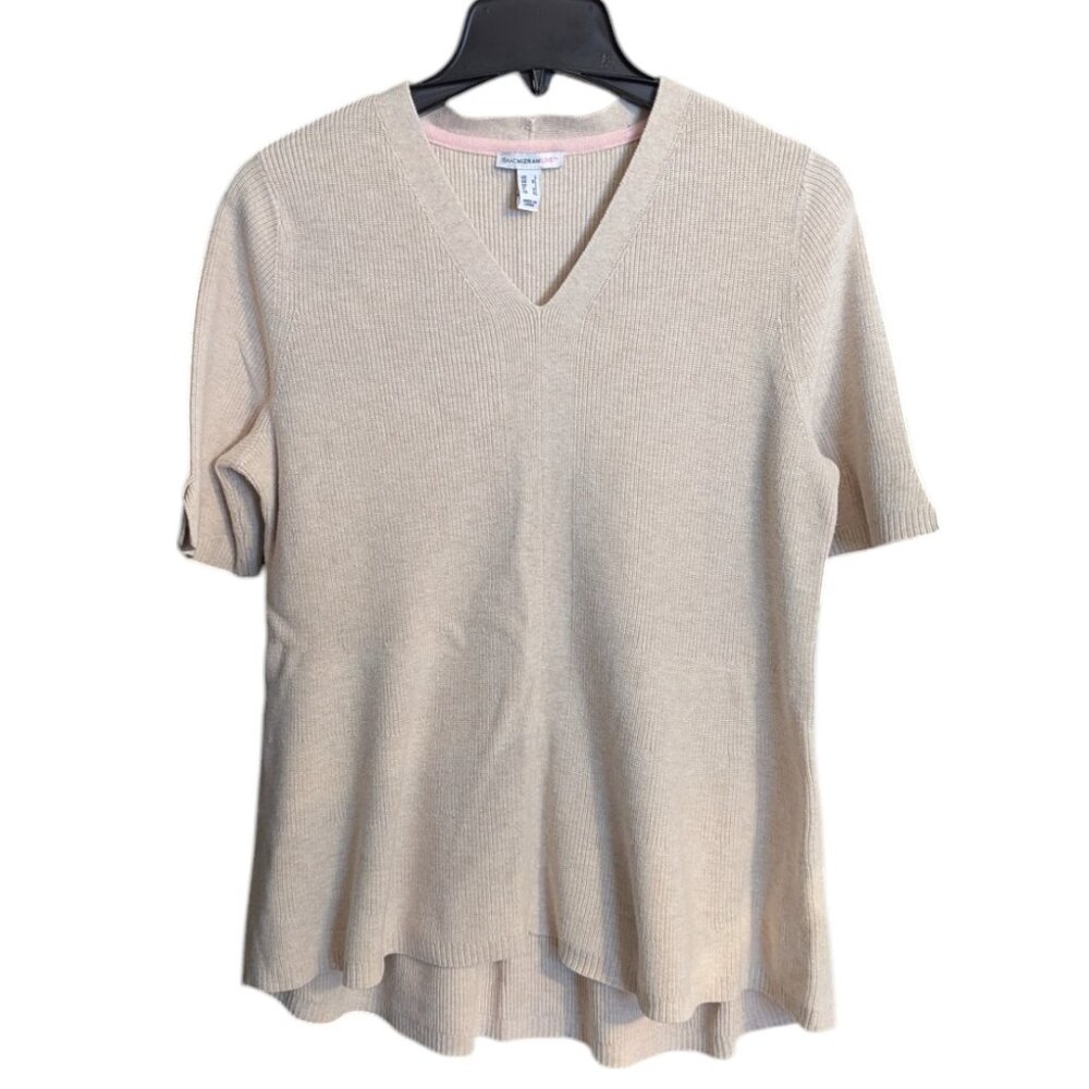 Women's Isaac Mizrahi Live short sleeve V-neck sweater, tan, size L
